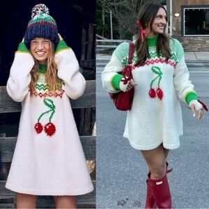 Free People White and Green Cherry Sweater Dress
